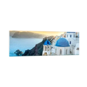 Obraz na szkle - Widok na Santorini z białymi budynkami i błękitnym morzem - 160x50cm - Santorini - przytulone do skał - Nowoczesna dekoracja ścienna do salonu i sypialni ARTTOR