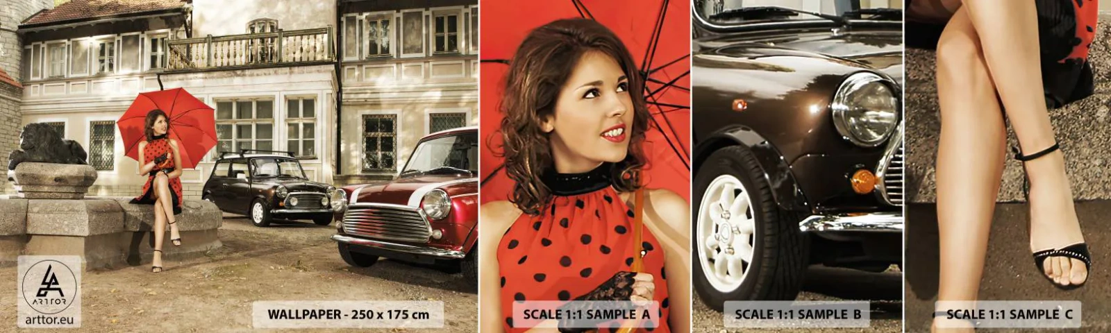 Fototapeta Próbka Samoprzylepna Deluxe Sticker - Minipodróż sentymentalna - Kobieta, Architektura, Samochód - 100x30 cm