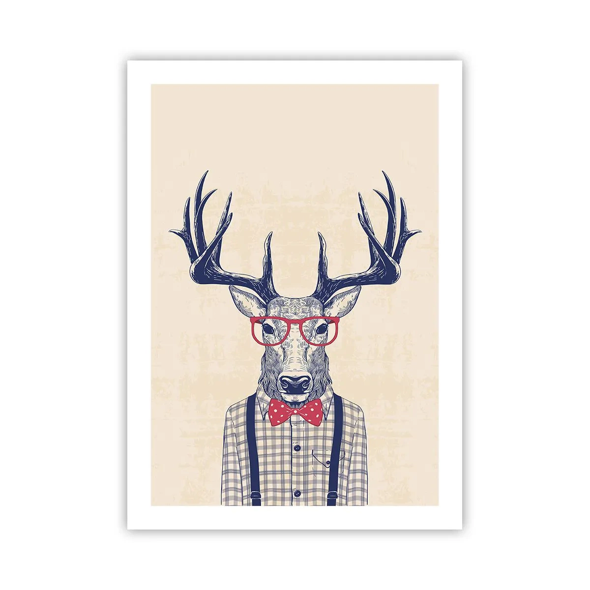 Plakat - Stylowy jeleń w okularach i muszce na beżowym tle - 50x70cm - Zabawna ekstrawagancja - Nowoczesna dekoracja ścienna do salonu, kuchni i sypialni ARTTOR