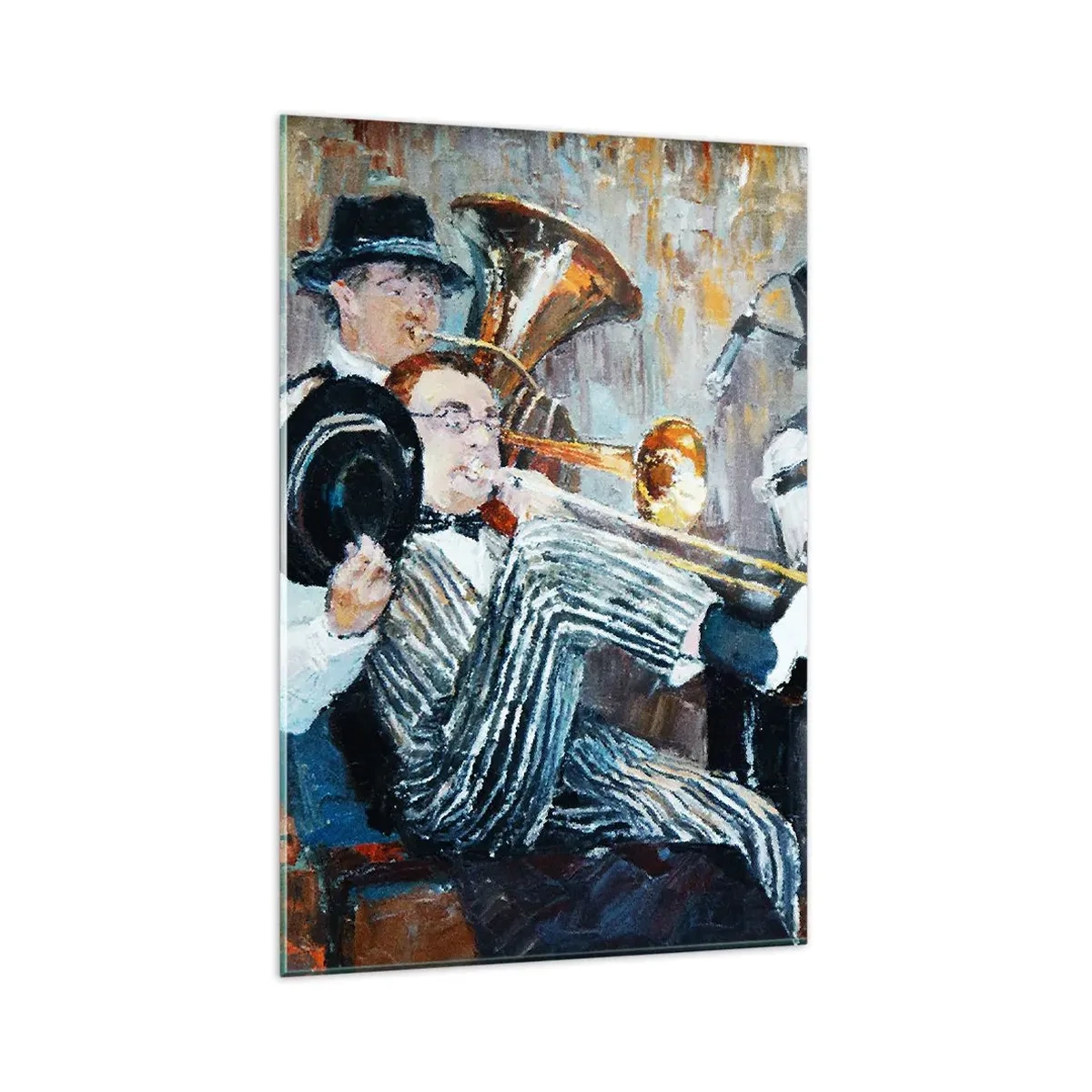 Obraz na szkle - Muzycy jazzowi w stylu malarskim podczas koncertu - 80x120cm - Cały ten jazz - Nowoczesna dekoracja ścienna do salonu i sypialni ARTTOR