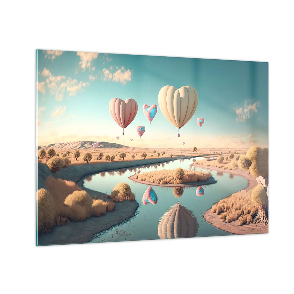 Obraz na szkle - Balony w kształcie serc nad bajkowym krajobrazem z rzeką - 70x50cm - Miłość pozwala wznieść się - Nowoczesna dekoracja ścienna do salonu i sypialni ARTTOR