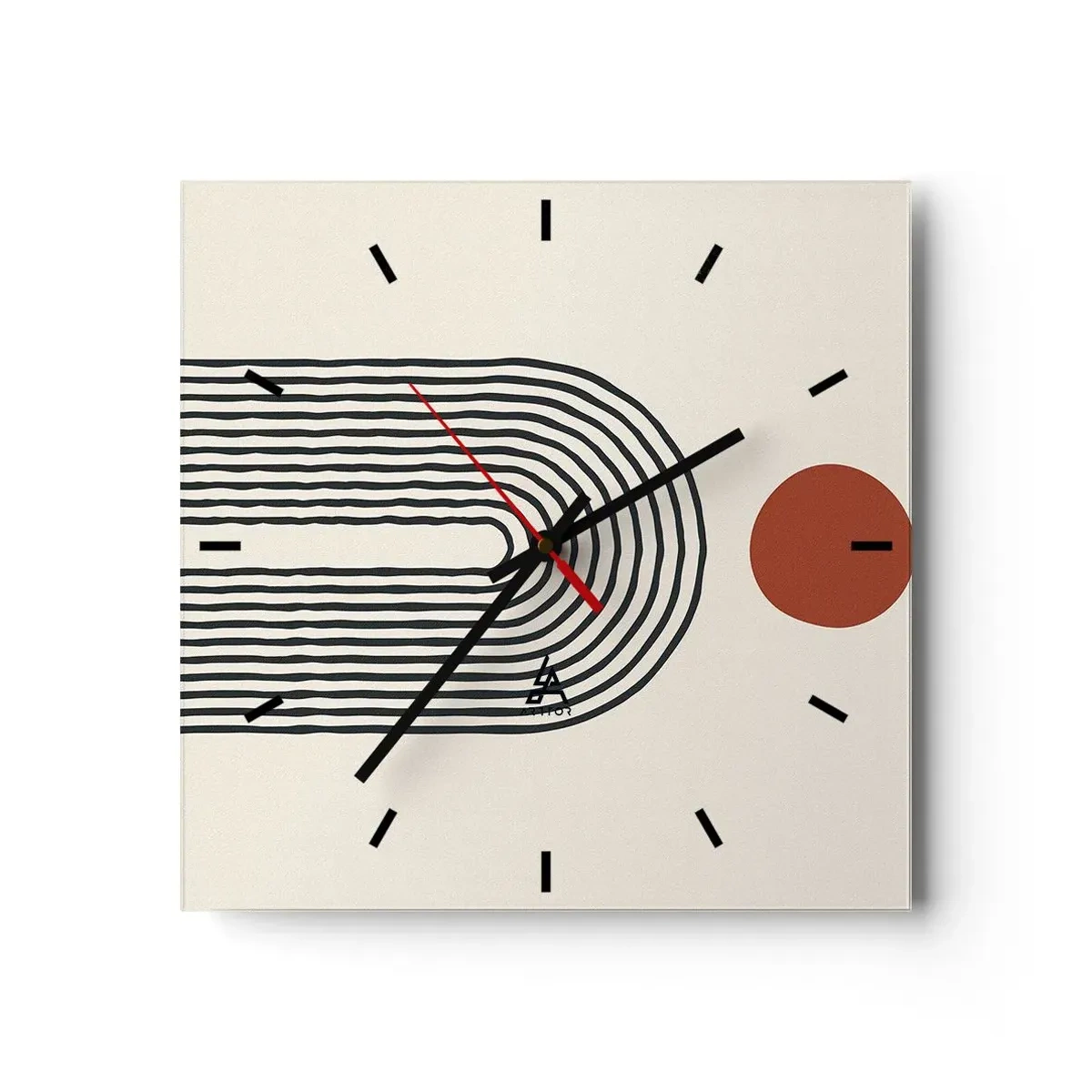 Zegar ścienny - Nowoczesny abstrakcyjny wzór z liniami i czerwonym okręgiem - 30x30cm - Magnetyzm kształtów i barw - Nowoczesna dekoracja ścienna do salonu i sypialni ARTTOR