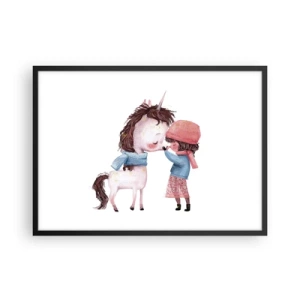 Plakat w czarnej ramie - Dziewczynka i jednorożec w zimowej scenerii - 70x50cm - Zimowa opowieść - Nowoczesna dekoracja ścienna do salonu i sypialni ARTTOR