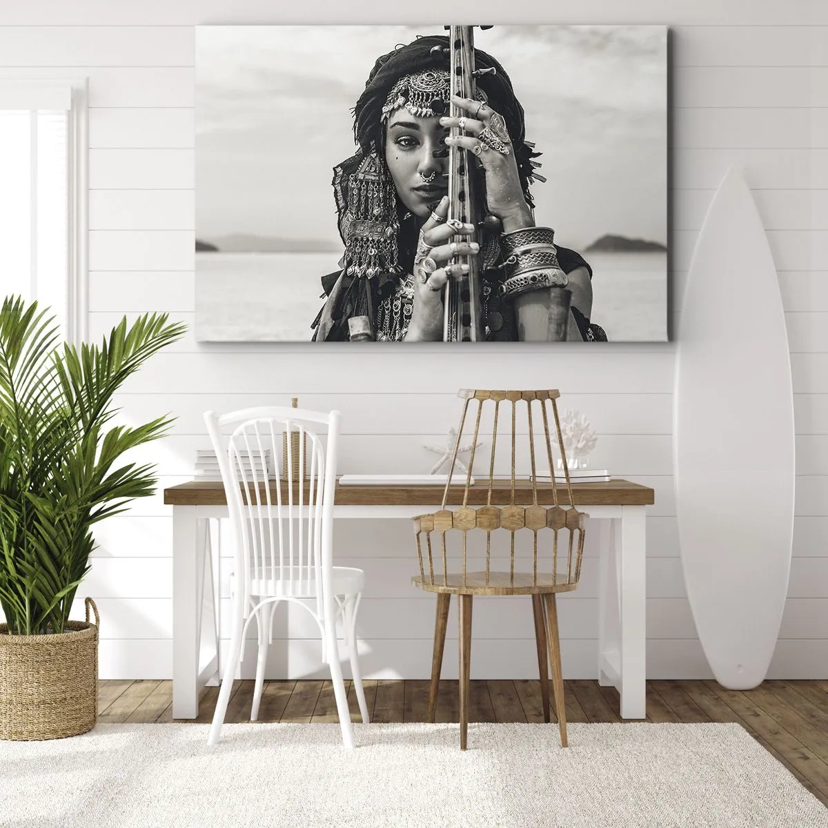 Obraz na płótnie - Portret kobiety w etnicznej biżuterii z instrumentem w ręku - 70x50cm - Sama muzyka orientu - Nowoczesna dekoracja ścienna do salonu i sypialni ARTTOR
