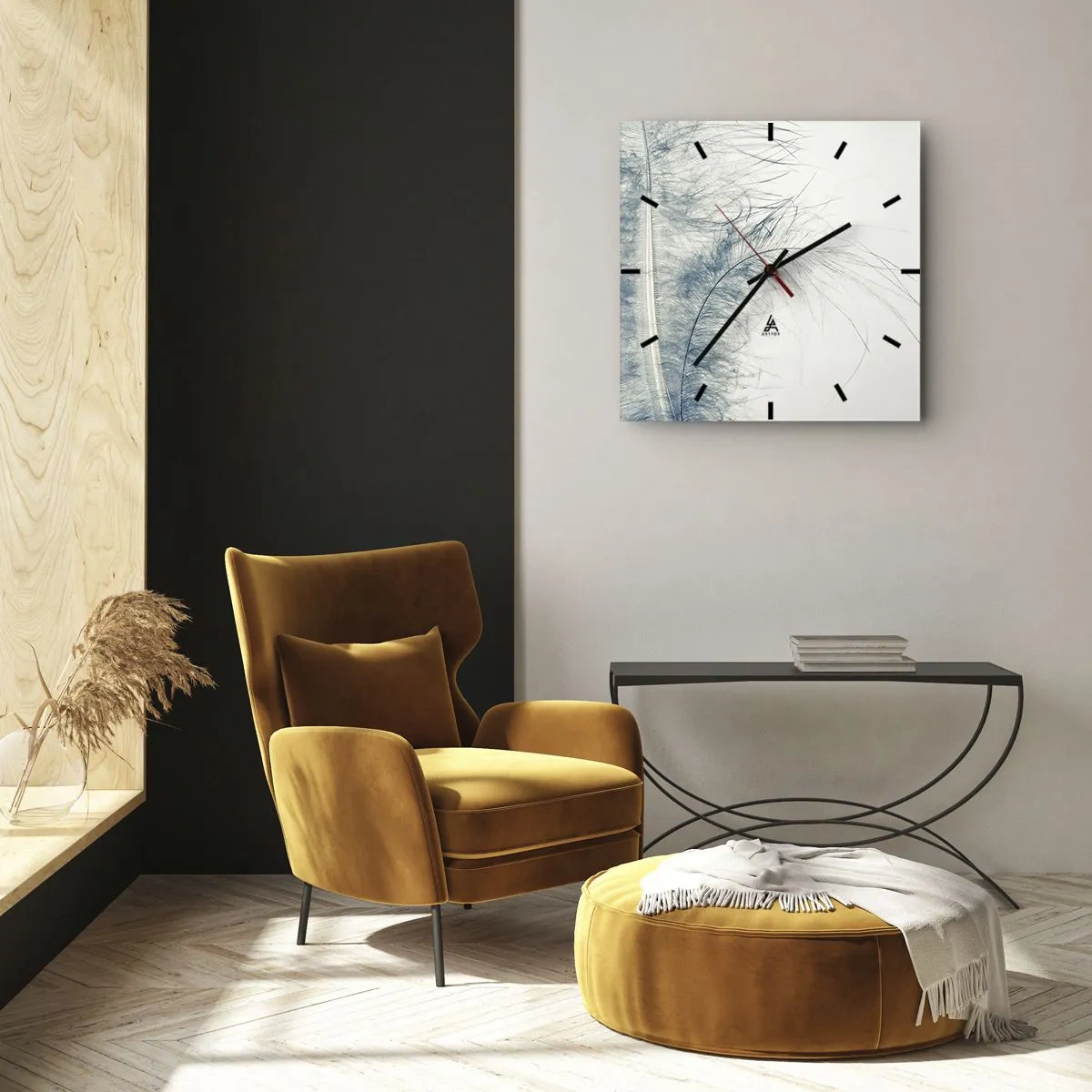 Zegar ścienny - Delikatne pióro w pastelowych odcieniach na jasnym tle - 30x30cm - Szept natury - Nowoczesna dekoracja ścienna do salonu i sypialni ARTTOR