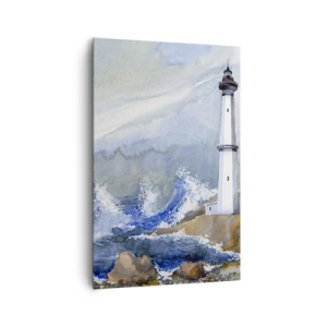 Obraz na płótnie - Latarnia morska na skalistym brzegu z wzburzonym morzem - 80x120cm - Przeciwko ciemności i nawałnicy - Nowoczesna dekoracja ścienna do salonu i sypialni ARTTOR