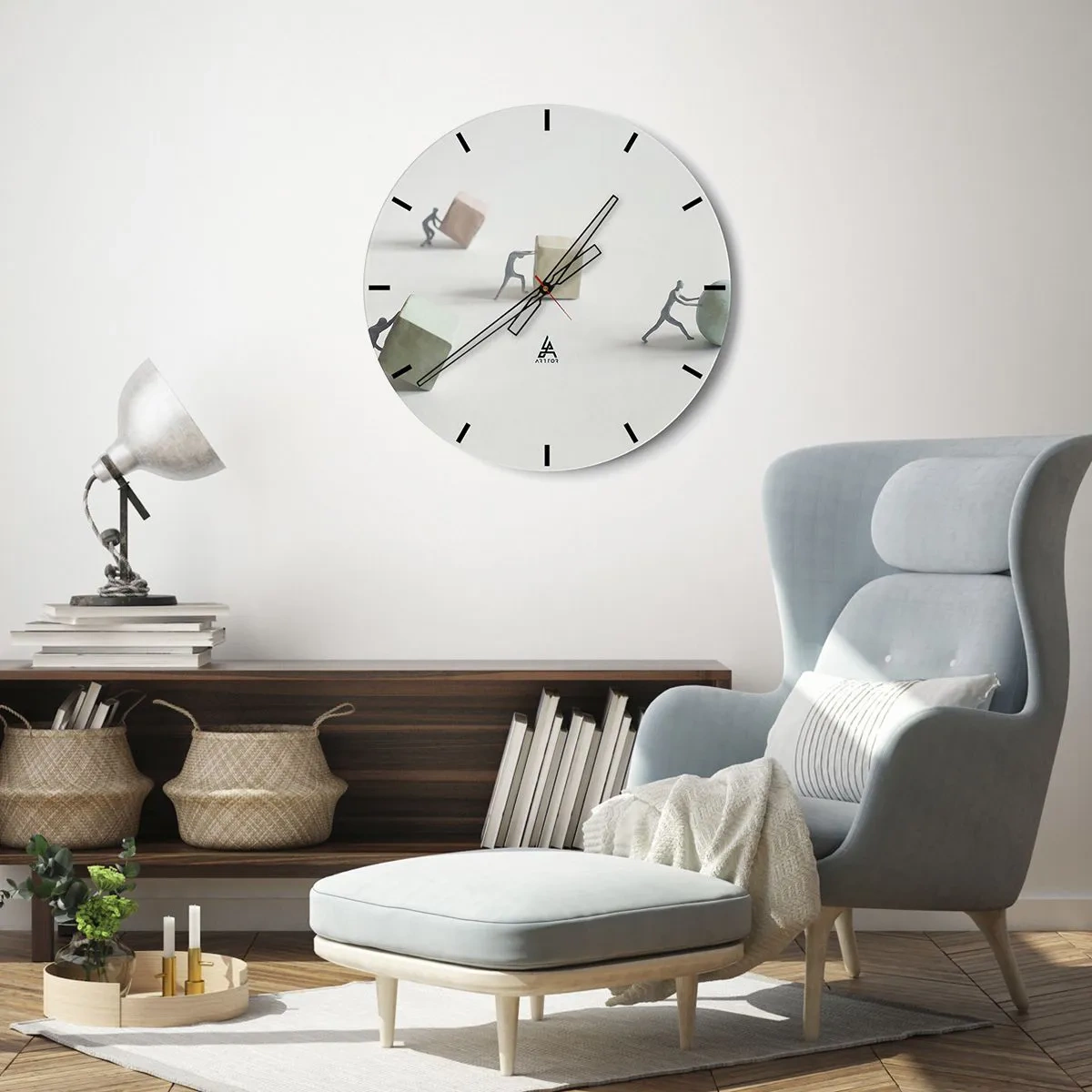 Zegar ścienny - Postacie pchające sześciany i kulę symbolizujące wysiłek - 30x30cm - Samo życie - Nowoczesna dekoracja ścienna do salonu, kuchni i sypialni ARTTOR