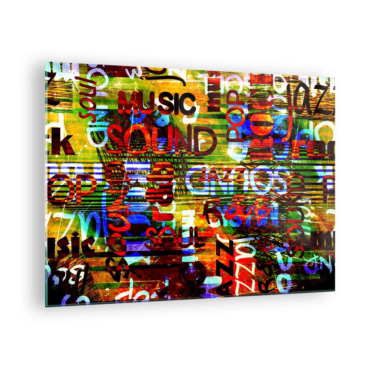 Obraz na szkle - Kolorowe napisy na tle artystycznej mozaiki - 70x50cm - Wszystkie barwy dźwięku - Nowoczesna dekoracja ścienna do salonu i sypialni ARTTOR