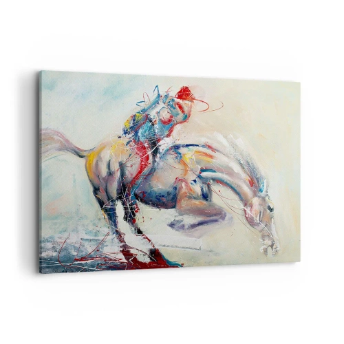 Obraz na płótnie - Dynamiczny obraz konia w abstrakcyjnym stylu artystycznym - 100x70cm - Trzymaj się, lecimy - Nowoczesna dekoracja ścienna do salonu, kuchni i sypialni ARTTOR