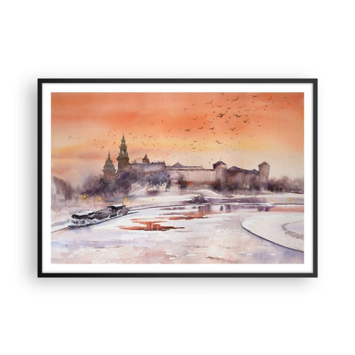 Plakat w czarnej ramie - Zachód słońca nad zamkiem w zimowej scenerii - 100x70cm - Królewski zachód słońca - Nowoczesna dekoracja ścienna do salonu i sypialni ARTTOR