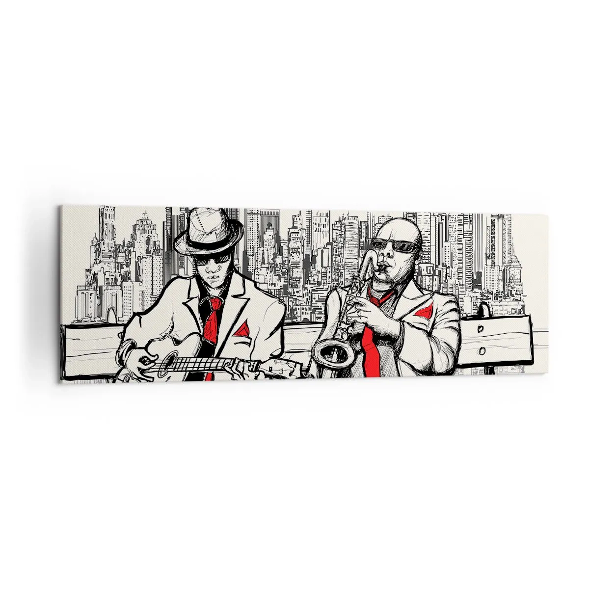 Obraz na płótnie - Jazzowy duet z saksofonem i gitarą na tle miasta - 160x50cm - Nowojorska improwizacja - Nowoczesna dekoracja ścienna do salonu i sypialni ARTTOR