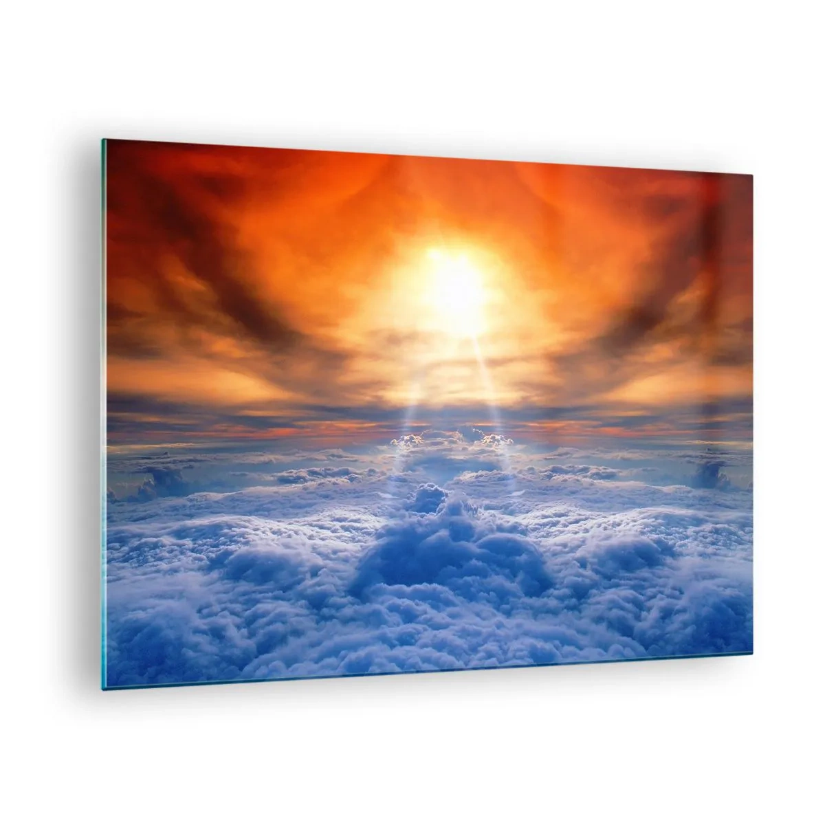 Obraz na szkle - Chmury oświetlone promieniami zachodzącego słońca - 70x50cm - Pejzaż mistyczny - Nowoczesna dekoracja ścienna do salonu i sypialni ARTTOR