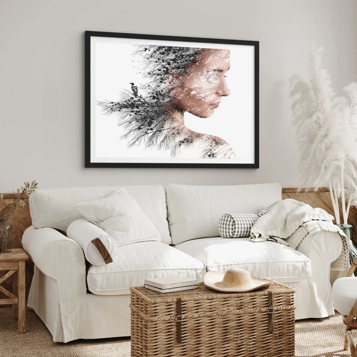 Plakat w czarnej ramie - Sylwetka kobiety z motywem gałęzi i ptaka w tle - 100x70cm - Duch lasu - Nowoczesna dekoracja ścienna do salonu i sypialni ARTTOR
