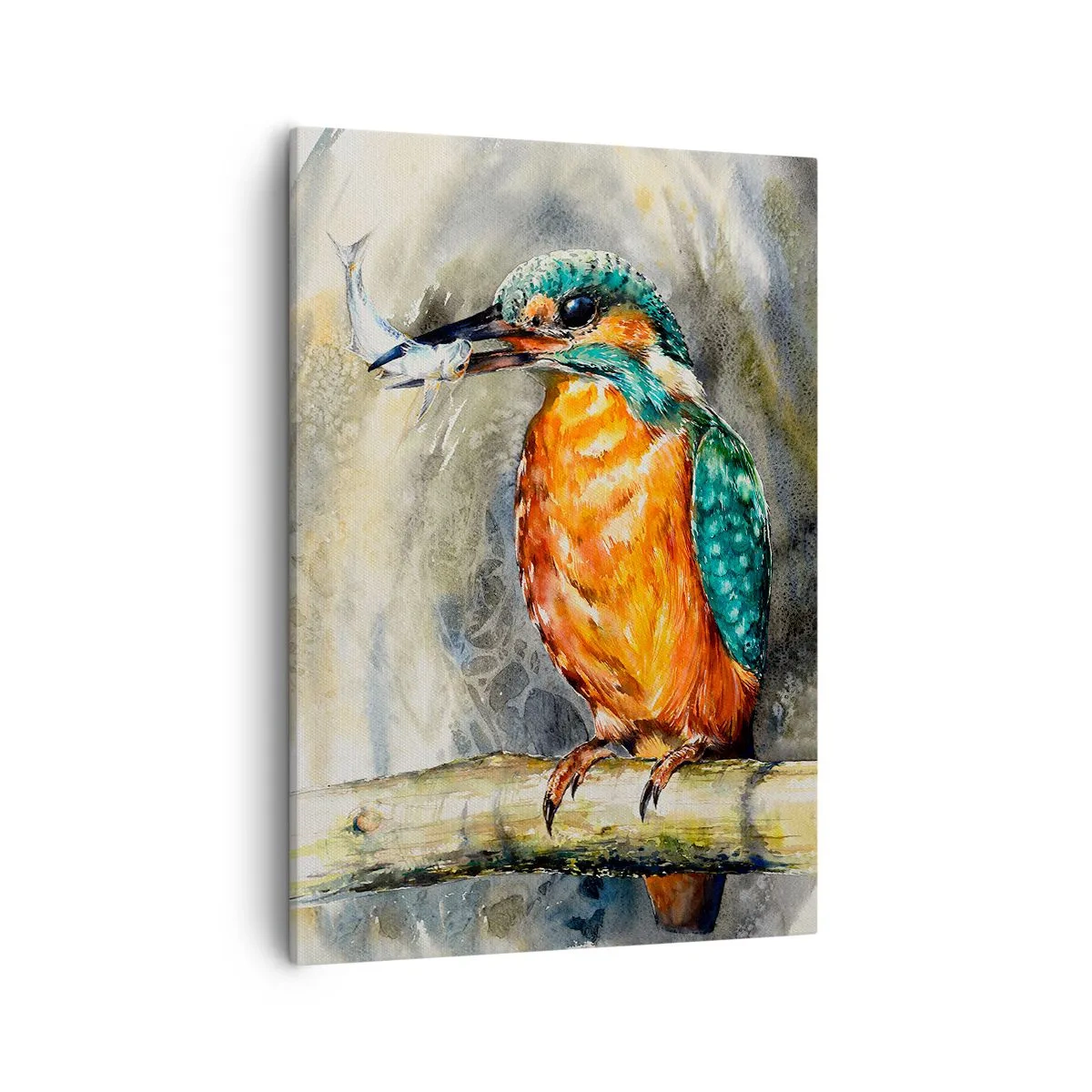 Obraz na płótnie - Kolorowy zimorodek z rybą w dziobie na tle natury - 50x70cm - Prawo natury - Nowoczesna dekoracja ścienna do salonu, kuchni i sypialni ARTTOR