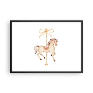 Plakat w czarnej ramie - Koń karuzelowy z kokardą w delikatnych pastelach - 70x50cm - Wdzięcznym kłusem - Nowoczesna dekoracja ścienna do salonu i sypialni ARTTOR