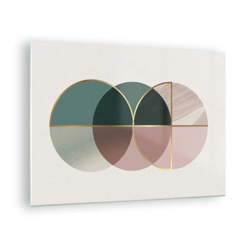 Obraz na szkle - Geometryczne figury z odcieniami zieleni i różu na jasnym tle - 70x50cm - Koło za kołem… - Nowoczesna dekoracja ścienna do salonu i sypialni ARTTOR