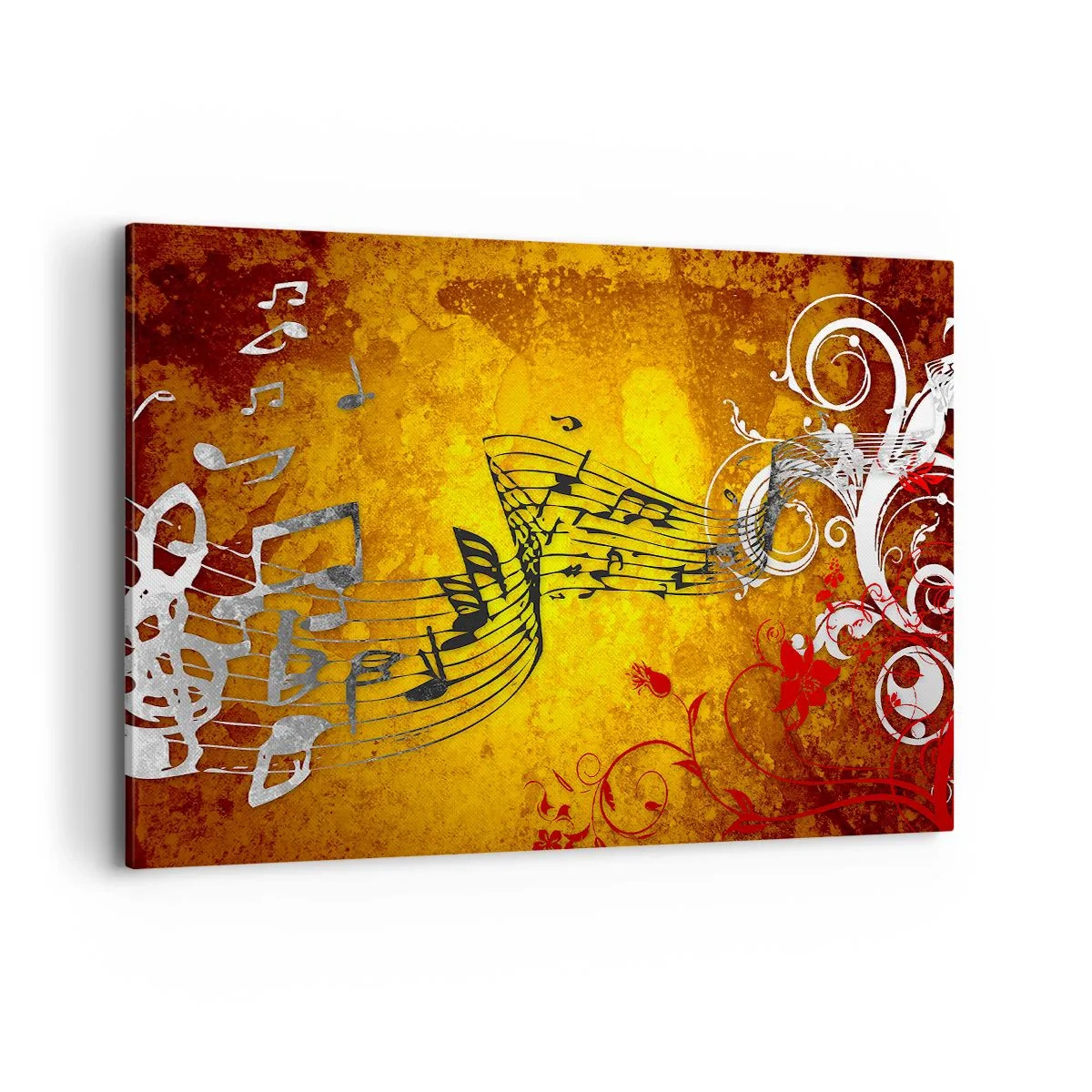Obraz na płótnie - Abstrakcyjne nuty muzyczne na kolorowym tle z ornamentami - 120x80cm - Niech płynie muzyka - Nowoczesna dekoracja ścienna do salonu, kuchni i sypialni ARTTOR