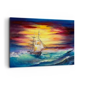 Obraz na płótnie - Żaglowiec na tle kolorowego zachodu słońca - 100x70cm - Dzielnie pod fale - Nowoczesna dekoracja ścienna do salonu, kuchni i sypialni ARTTOR