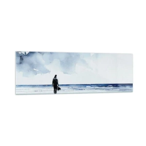 Obraz na szkle - Postać na plaży w spokojnym otoczeniu morza - 160x50cm - Rozmowa z morzem - Nowoczesna dekoracja ścienna do salonu i sypialni ARTTOR