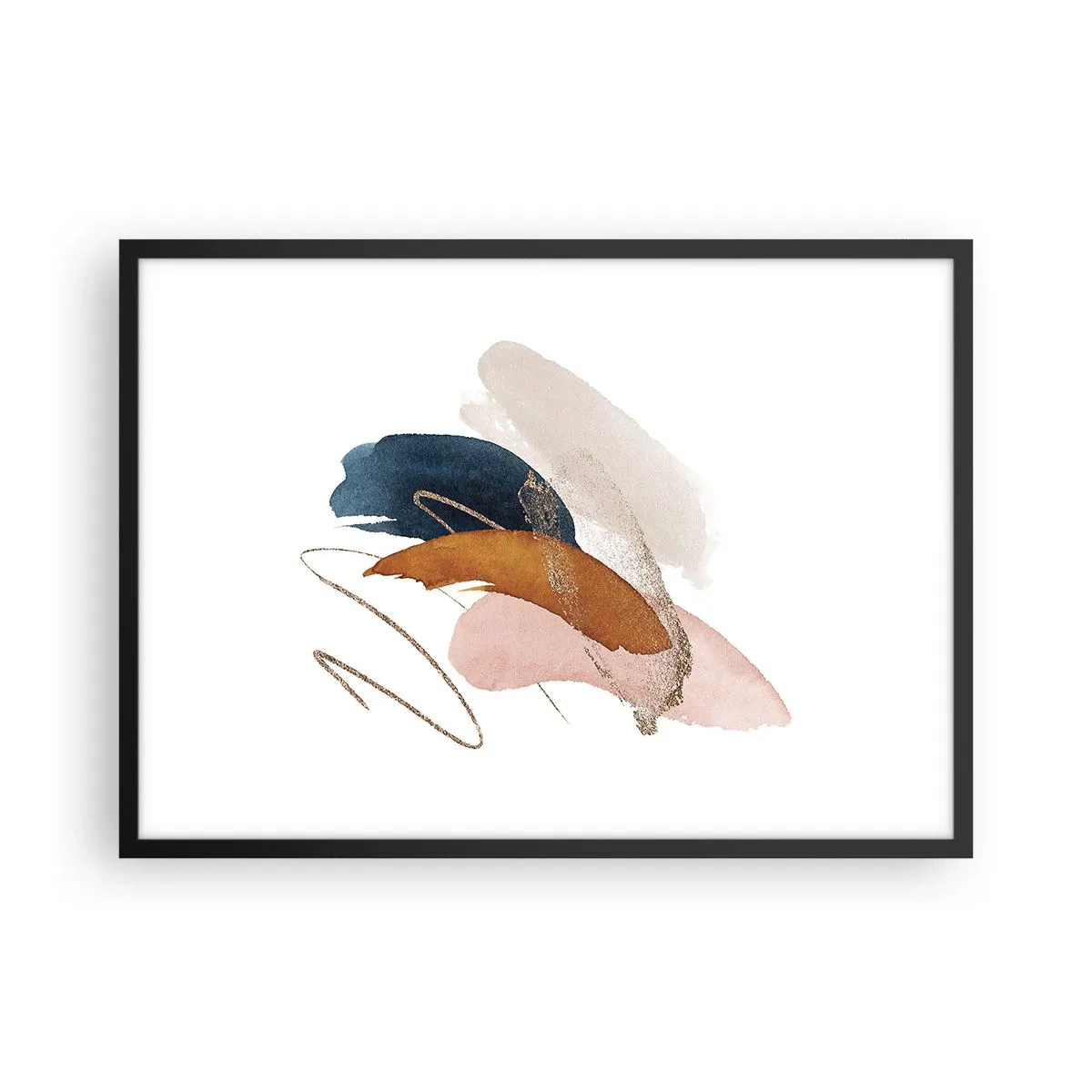 Plakat w czarnej ramie - Abstrakcyjne pociągnięcia w pastelowych kolorach z akcentami złota - 70x50cm - Kompozycja uskrzydlona - Nowoczesna dekoracja ścienna do salonu i sypialni ARTTOR