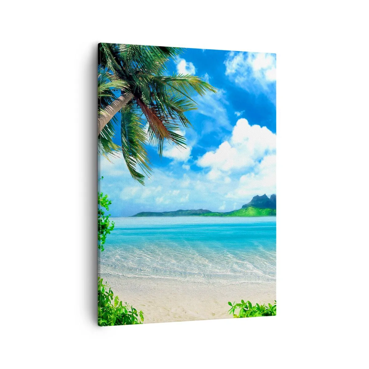 Obraz na płótnie - Tropikalna plaża z palmami i turkusowym morzem - 50x70cm - Lazur tropików - Nowoczesna dekoracja ścienna do salonu, kuchni i sypialni ARTTOR