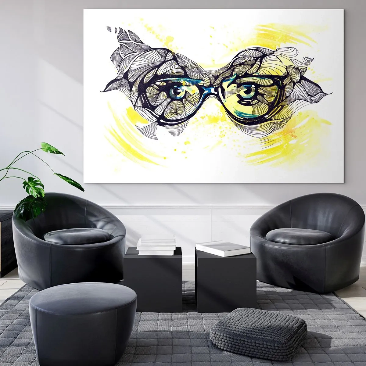 Obraz na szkle - Okulary z artystycznymi wzorami i oczami na tle w żółtych tonacjach - 100x70cm - Przez błękitne okulary - Nowoczesna dekoracja ścienna do salonu, kuchni i sypialni ARTTOR