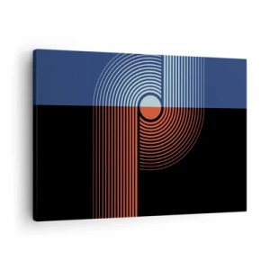 Obraz na płótnie - Geometryczna abstrakcja z liniami w kolorach granatu i pomarańczu - 70x50cm - W geometrycznym uścisku - Nowoczesna dekoracja ścienna do salonu i sypialni ARTTOR