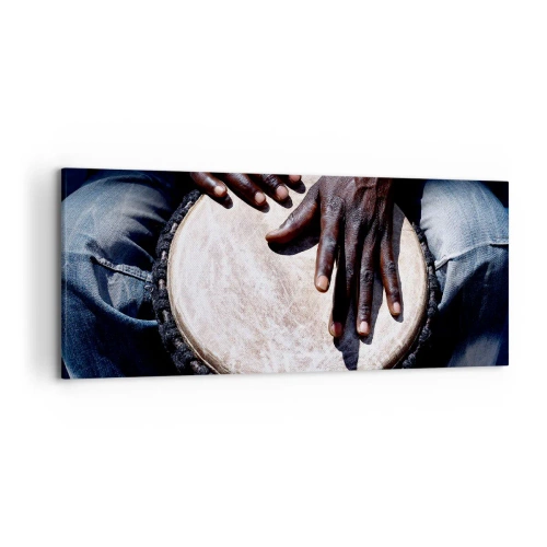 Obraz na płótnie - Ręce grające na bębnie djembe w dynamicznej kompozycji - 120x50cm - Żyj w swoim rytmie - Nowoczesna dekoracja ścienna do salonu i sypialni ARTTOR
