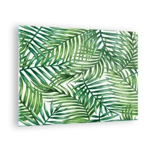 Obraz na szkle - Zielone liście palm na białym tle tworzące geometryczny wzór - 70x50cm - Pod zielonym baldachimem - Nowoczesna dekoracja ścienna do salonu i sypialni ARTTOR
