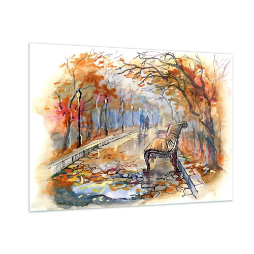Obraz na szkle - Jesienna alejka z ławką w artystycznym stylu akwarelowym - 100x70cm - Razem powędrować w jesień - Nowoczesna dekoracja ścienna do salonu, kuchni i sypialni ARTTOR