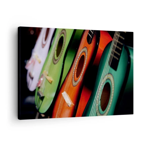 Obraz na płótnie - Kolorowe gitary w różnych odcieniach ułożone w szeregu - 70x50cm - Gitara ma wiele barw - Nowoczesna dekoracja ścienna do salonu i sypialni ARTTOR
