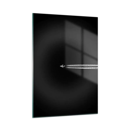 Obraz na szkle - Samolot odrzutowy na czarnym tle z smugą kondensacyjną - 50x70cm - W inny wymiar - Nowoczesna dekoracja ścienna do salonu, kuchni i sypialni ARTTOR