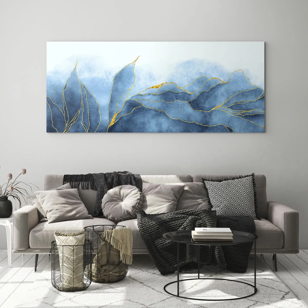 Obraz na szkle - Błękit w złocie - 100x40 cm