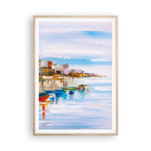 Plakat w ramie jasny dąb - Wielobarwna miejska przystań - 70x100 cm