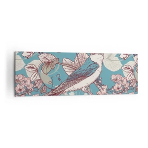 Obraz na płótnie - Ptak na gałęzi w delikatnym floralnym stylu - 160x50cm - W białodrzewiu ćwirnie i srebliście - Nowoczesna dekoracja ścienna do salonu i sypialni ARTTOR