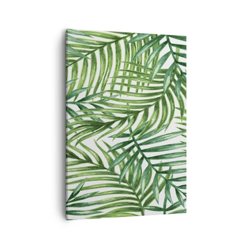 Obraz na płótnie - Gęste zielone liście palmowe tworzące naturalny wzór - 50x70cm - Pod zielonym baldachimem - Nowoczesna dekoracja ścienna do salonu, kuchni i sypialni ARTTOR