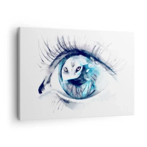 Obraz na płótnie - Oko z wizerunkiem sowy w akwarelowych odcieniach niebieskiego - 70x50cm - Oko w oko z dzikością - Nowoczesna dekoracja ścienna do salonu i sypialni ARTTOR