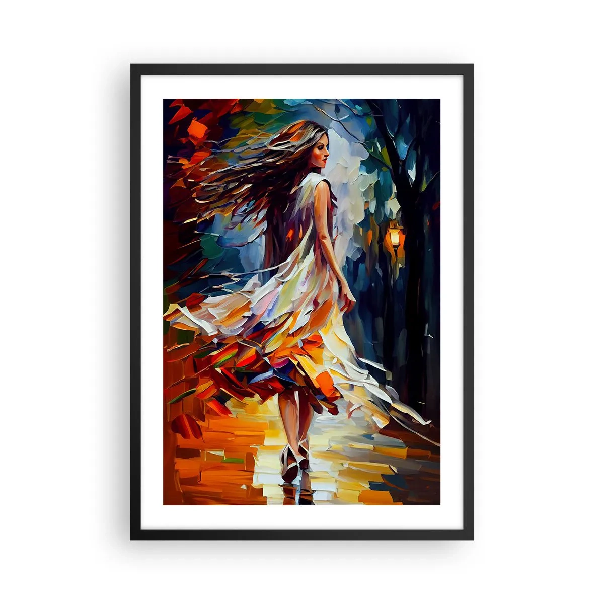Plakat w czarnej ramie - Kobieta w tańcu wśród barwnych jesiennych liści - 50x70cm - Jesienna dziewczyna - Nowoczesna dekoracja ścienna do salonu i sypialni ARTTOR