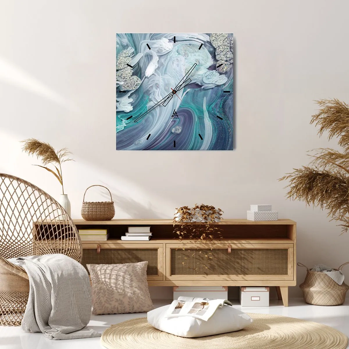 Zegar ścienny - Abstrakcyjne wiry w odcieniach błękitu i bieli - 30x30cm - Nurty błękitu - Nowoczesna dekoracja ścienna do salonu i sypialni ARTTOR