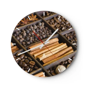 Zegar ścienny - Drewniana przegroda z różnorodnymi przyprawami i kawą - 30x30cm - Skarbiec aromatów - Nowoczesna dekoracja ścienna do salonu, kuchni i sypialni ARTTOR