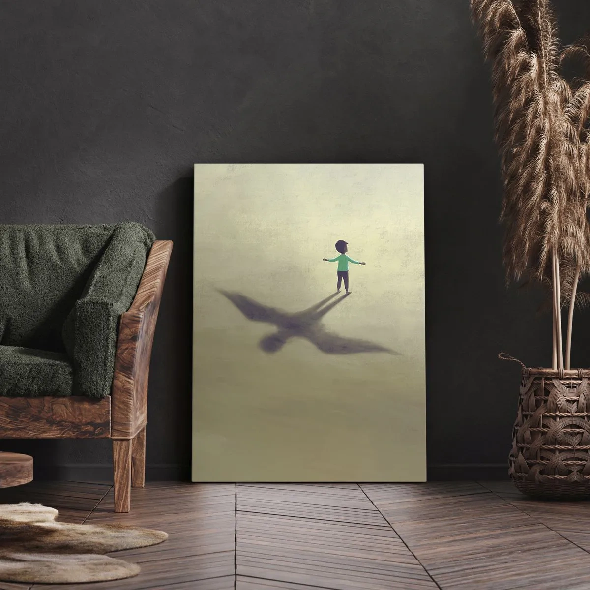 Obraz na płótnie - Sylwetka chłopca rzucającego cień w kształcie ptaka na piaskowym tle - 50x70cm - Bohater przyszłości - Nowoczesna dekoracja ścienna do salonu, kuchni i sypialni ARTTOR