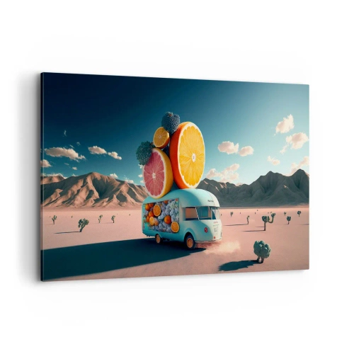 Obraz na płótnie - Furgonetka z owocami w pustynnym krajobrazie - 100x70cm - Smak wakacji - Nowoczesna dekoracja ścienna do salonu, kuchni i sypialni ARTTOR