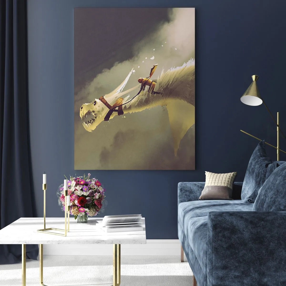 Obraz na szkle - Ilustracja jeźdźca na smoku w fantastycznej scenerii chmur - 70x100cm - Światu na ratunek - Nowoczesna dekoracja ścienna do salonu i sypialni ARTTOR