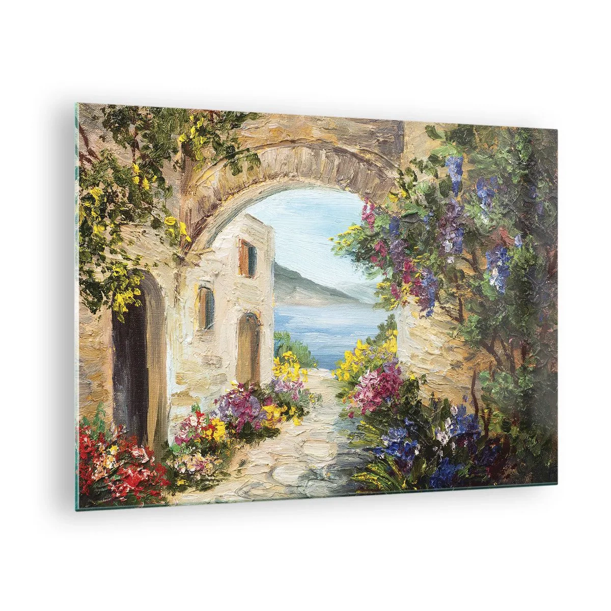 Obraz na szkle - Malownicza uliczka z widokiem na jezioro - 70x50cm - Urok nadmorskiej prowincji - Nowoczesna dekoracja ścienna do salonu i sypialni ARTTOR