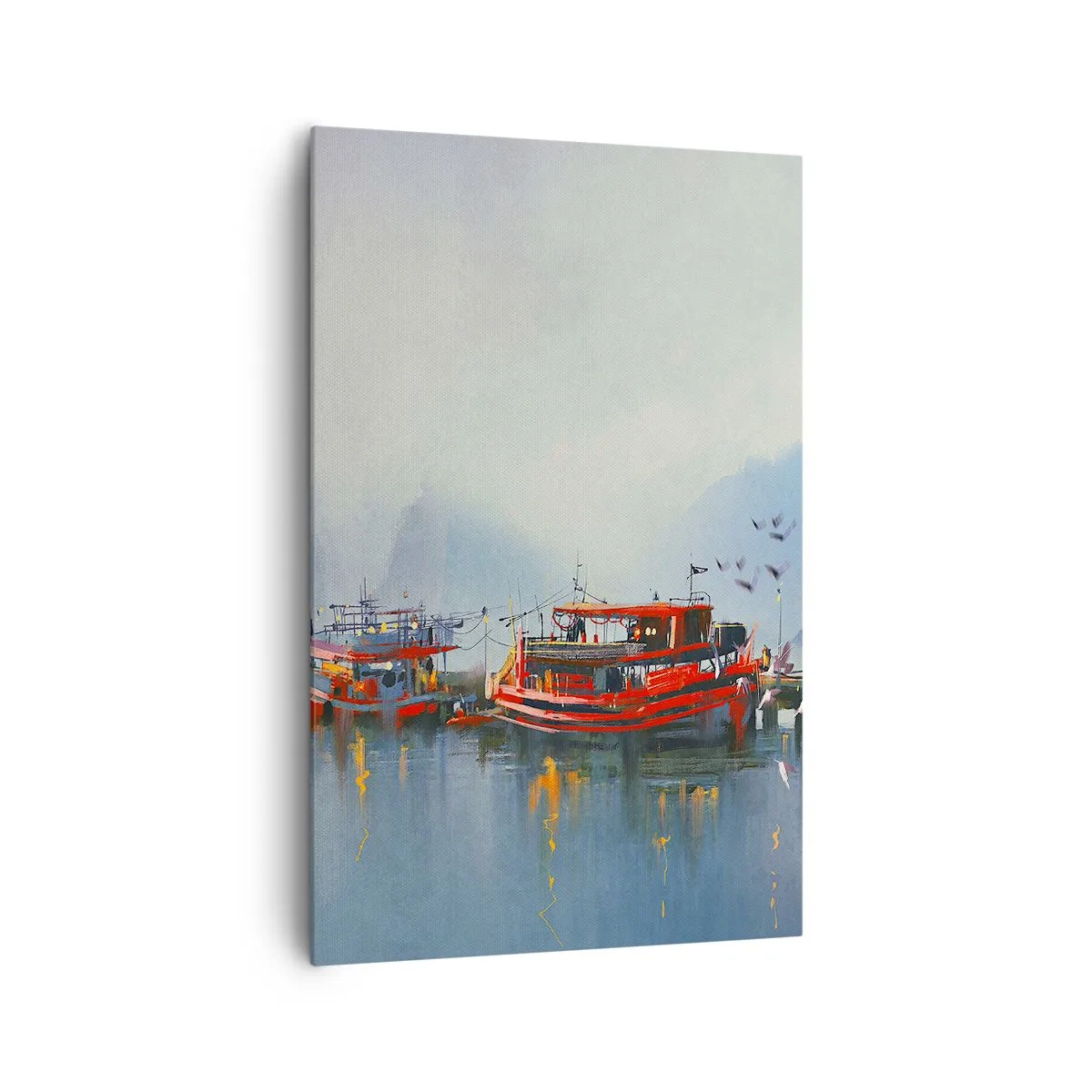 Obraz na płótnie - Port z czerwonymi łodziami otoczony mglistym pejzażem - 80x120cm - Na końcu świata - Nowoczesna dekoracja ścienna do salonu i sypialni ARTTOR