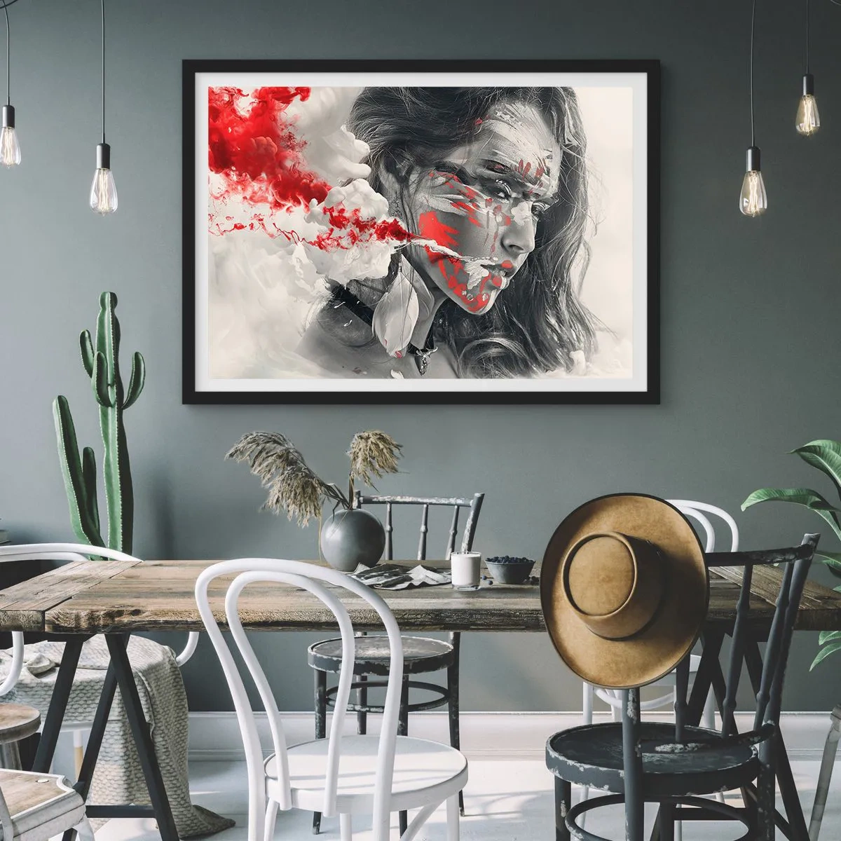 Plakat w czarnej ramie - Artystyczny portret kobiety z abstrakcyjnymi czerwonymi akcentami - 100x70cm - W oparach absurdu - Nowoczesna dekoracja ścienna do salonu i sypialni ARTTOR