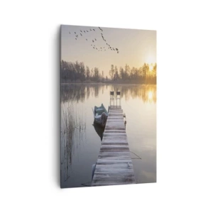 Obraz na płótnie - Pomost nad jeziorem o poranku z łódką i krzesłami - 80x120cm - Wrócę za jakiś czas - Nowoczesna dekoracja ścienna do salonu i sypialni ARTTOR
