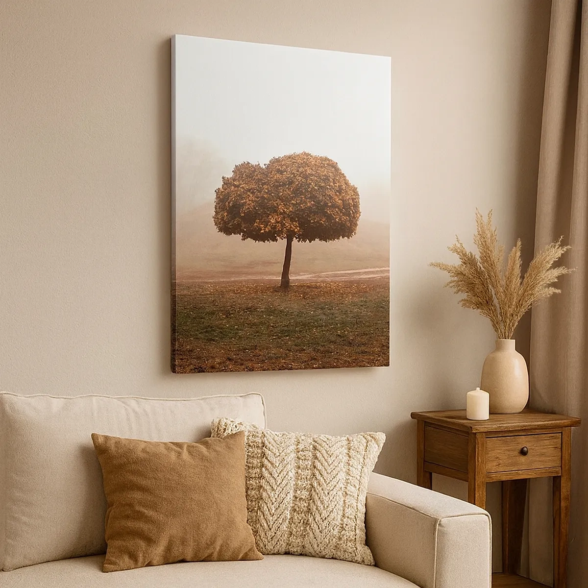 Obraz na płótnie - Jesienne drzewo samotnie stojące we mgle na tle pagórkowatego krajobrazu - 50x70cm - Po pracowitym lecie - Nowoczesna dekoracja ścienna do salonu, kuchni i sypialni ARTTOR