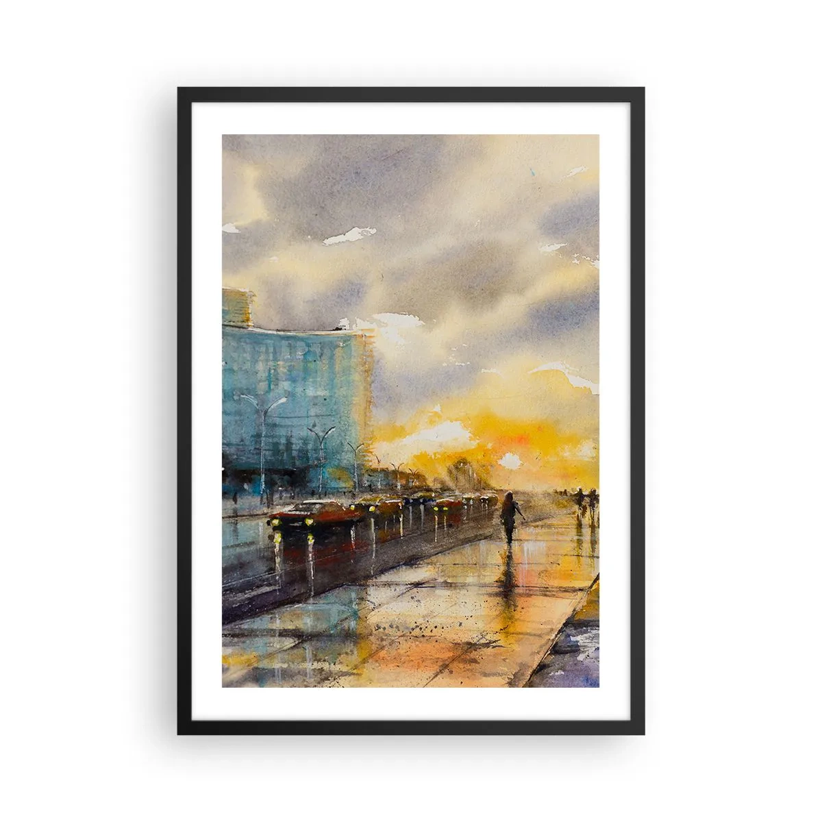 Plakat w czarnej ramie - Malownicza ulica w deszczu o zachodzie słońca - 50x70cm - Życie na brzegu - Nowoczesna dekoracja ścienna do salonu i sypialni ARTTOR