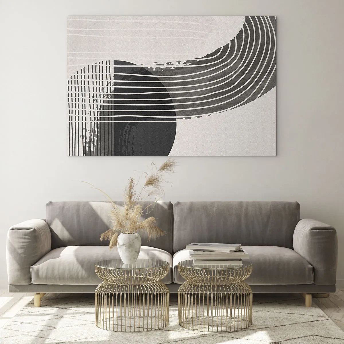 Obraz na szkle - Czarno-biała abstrakcja z liniami i geometrycznymi kształtami - 70x50cm - Tam i z powrotem - Nowoczesna dekoracja ścienna do salonu i sypialni ARTTOR